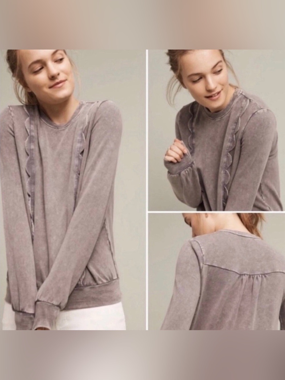 NWT Eri & Ali Washed Mauve Women's Long-Sleeve Ruffle-Trim Top Sz XS